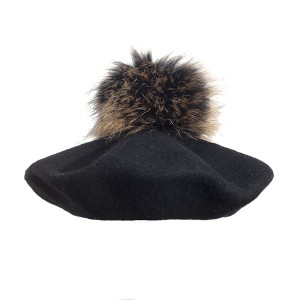 100% Wool beret with raccoon pompom - Black