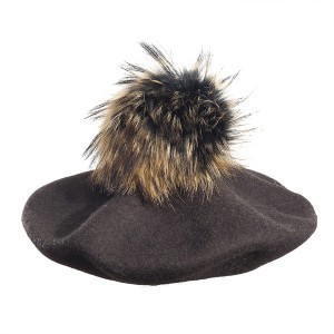 100% Wool beret with raccoon pompom - Brown