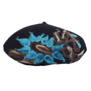 100% Wool Embroidered beret with antenna - BLACK with TURQUOISE flowers