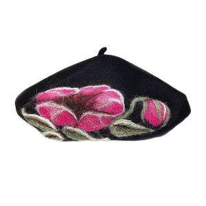 100% Wool Embroidered beret with antenna -  BLACK  with PINK flowers