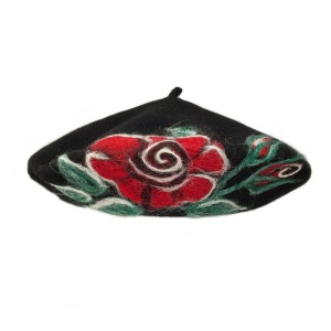 100% Wool Embroidered beret with antenna - Black + Red